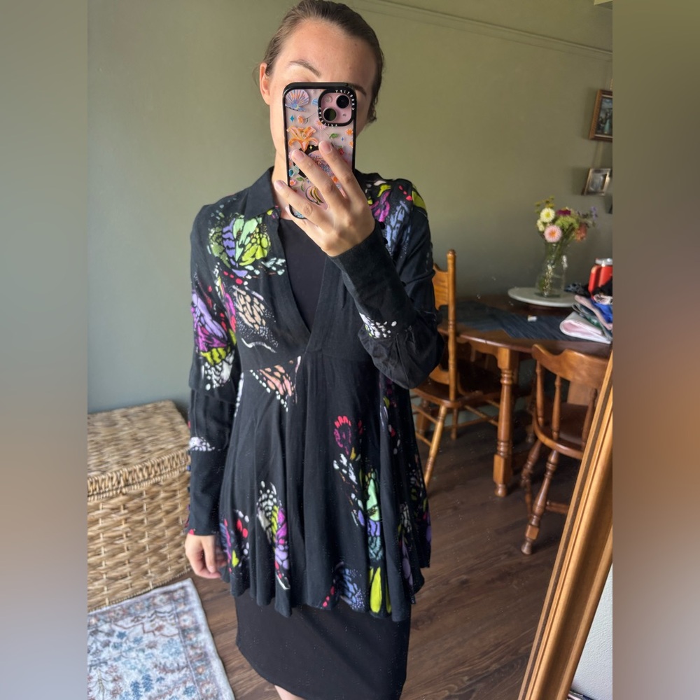Free People Black Dress with Colorful Butterfly Patterns